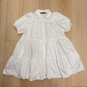 Zara White Puff Sleeve Poplin Tiered Button-Down Mini Babydoll Dress | Size XS